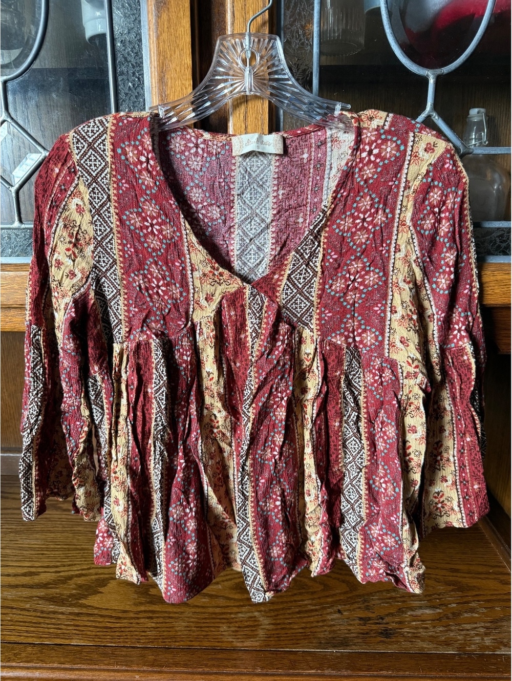 Altar'd State Boho Babydoll Top S Burgundy Tan Floral Flare Sleeve Western